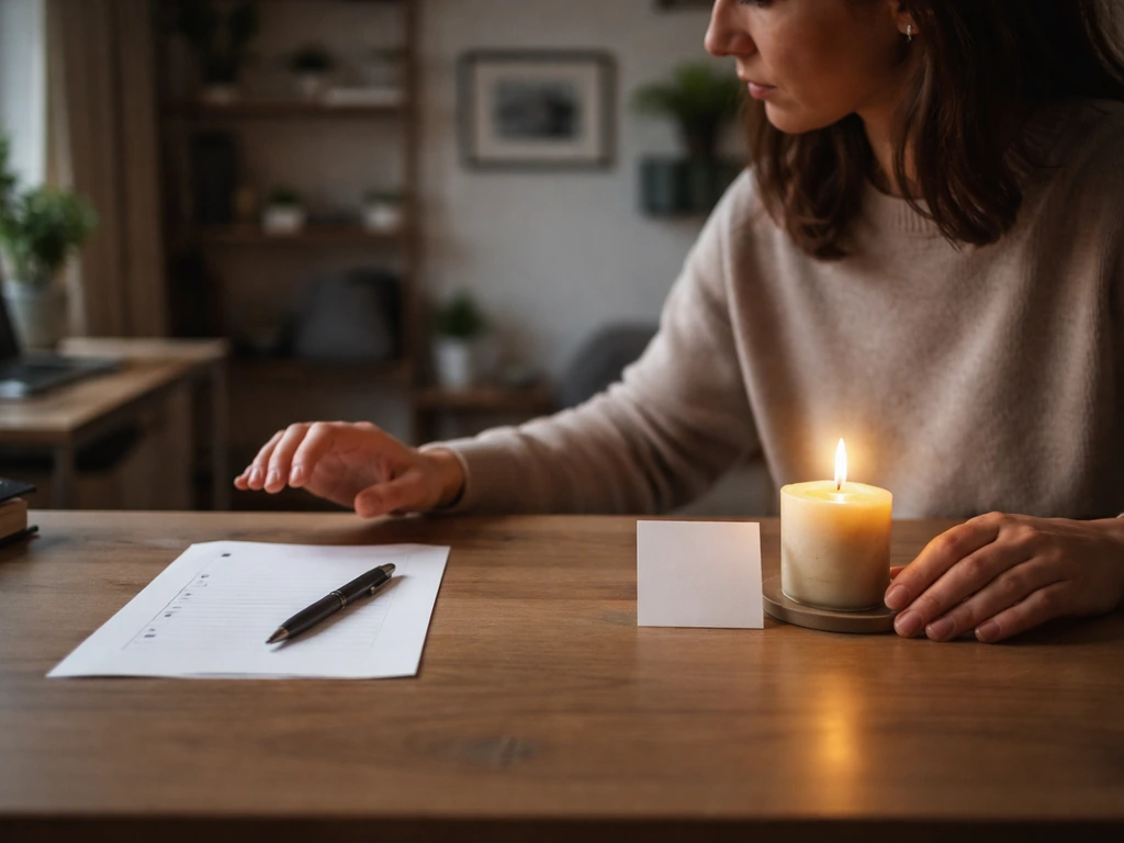 Thoughtful person at a desk weighing a blank checklist against a subtle symbolic card in natural light.