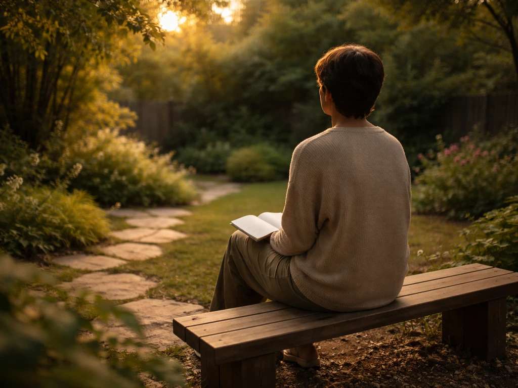 A distant person sits quietly on a garden bench with a small journal, peaceful and reassuring atmosphere.