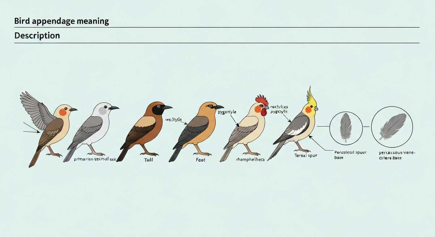 Infographic-style illustration of several stylized birds with labeled appendages: wing (primaries, secondaries), tail (rectrices, pygostyle), beak/bill (rhamphotheca), foot and claw, raptor talon, rooster spur, crest, and a feather cross-section.