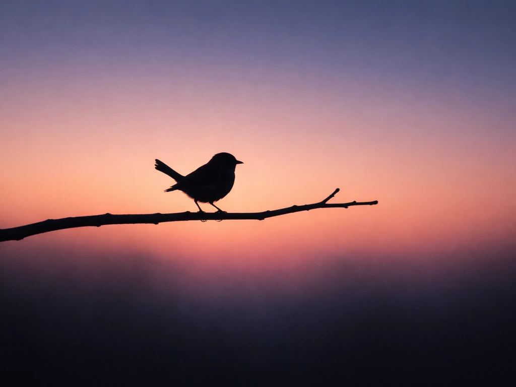 Single bird silhouette perched against a sunrise-to-dusk gradient sky