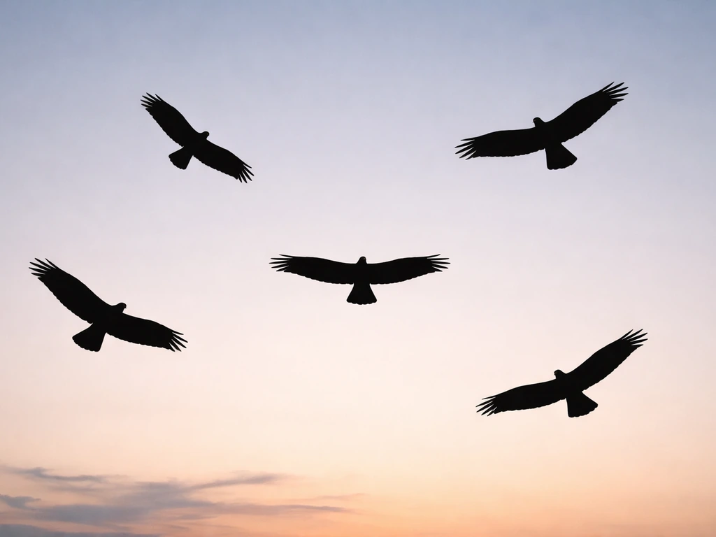 Five distinct raptor silhouettes against a dusk sky, showing different wing and tail shapes.
