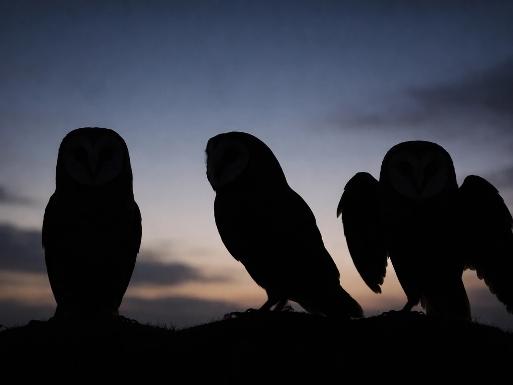 Three owl silhouettes in a night sky, showing upright posture and round heads with forward-facing eyes.