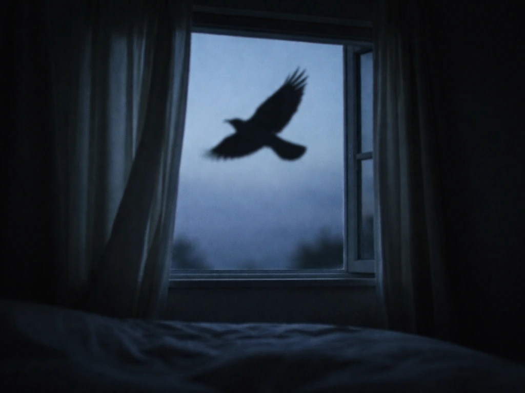 Dark bird silhouette circling through a dim window-lit room, with a soft dream-like obscured sky.