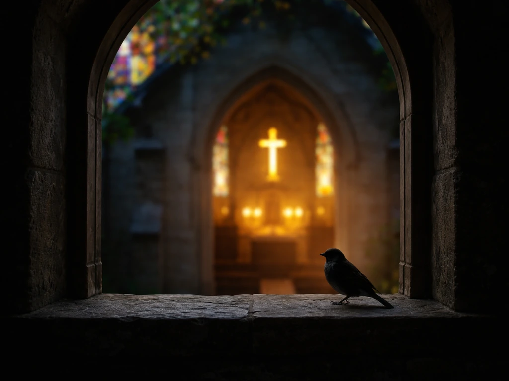 Warm church window light with a small bird silhouette on the ledge in the foreground.