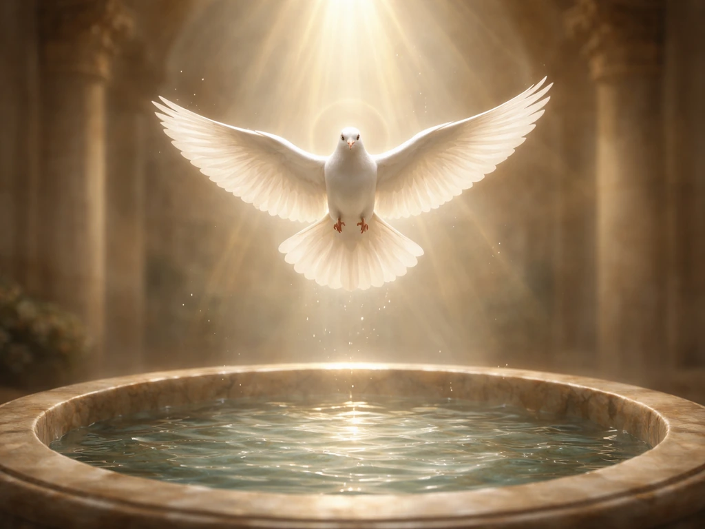 White dove hovering above baptismal water with soft light in a quiet church interior.