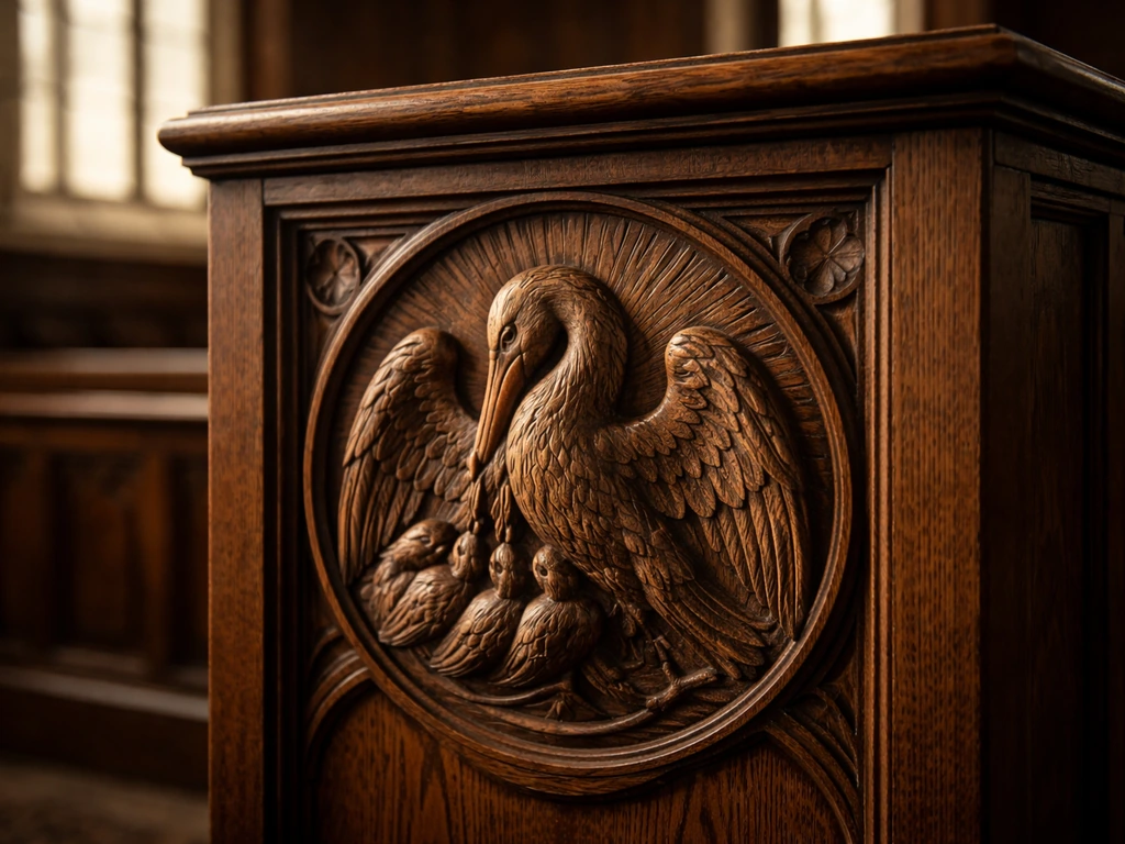 Close-up of a carved pelican motif on a church wooden pulpit, warm light and simple background.