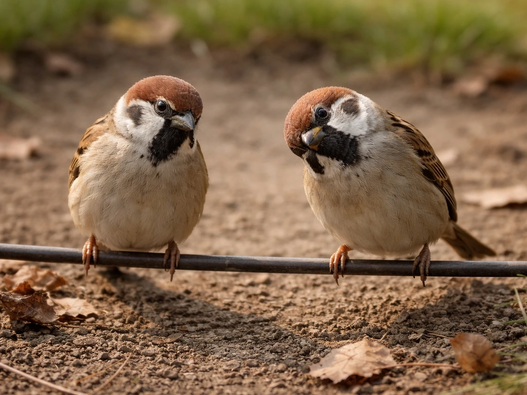 Two sparrows perched on a wire above dirt and dry leaves in soft natural daylight.