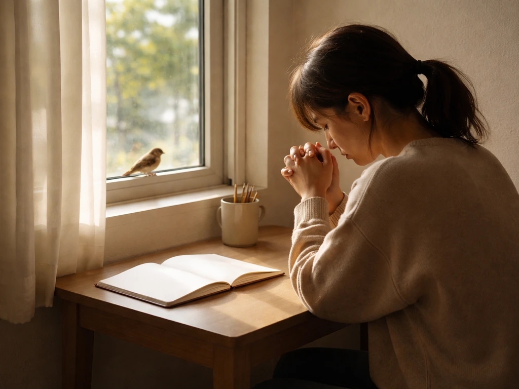 Anonymous adult praying by a window with a bird perched near an open notebook.