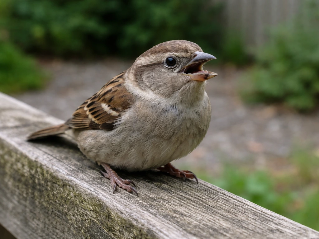 Wild bird perched on a fence with its upper beak missing or badly damaged, shown non-graphically.