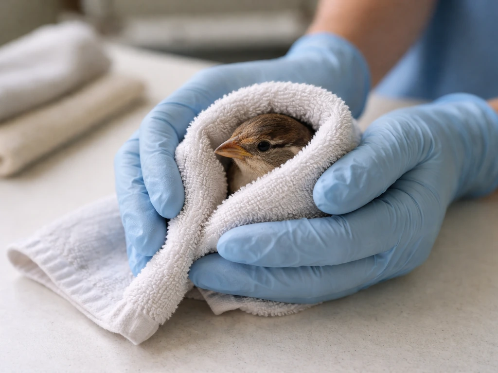 Gloved hands and a soft towel gently holding an injured bird for a careful safety inspection.