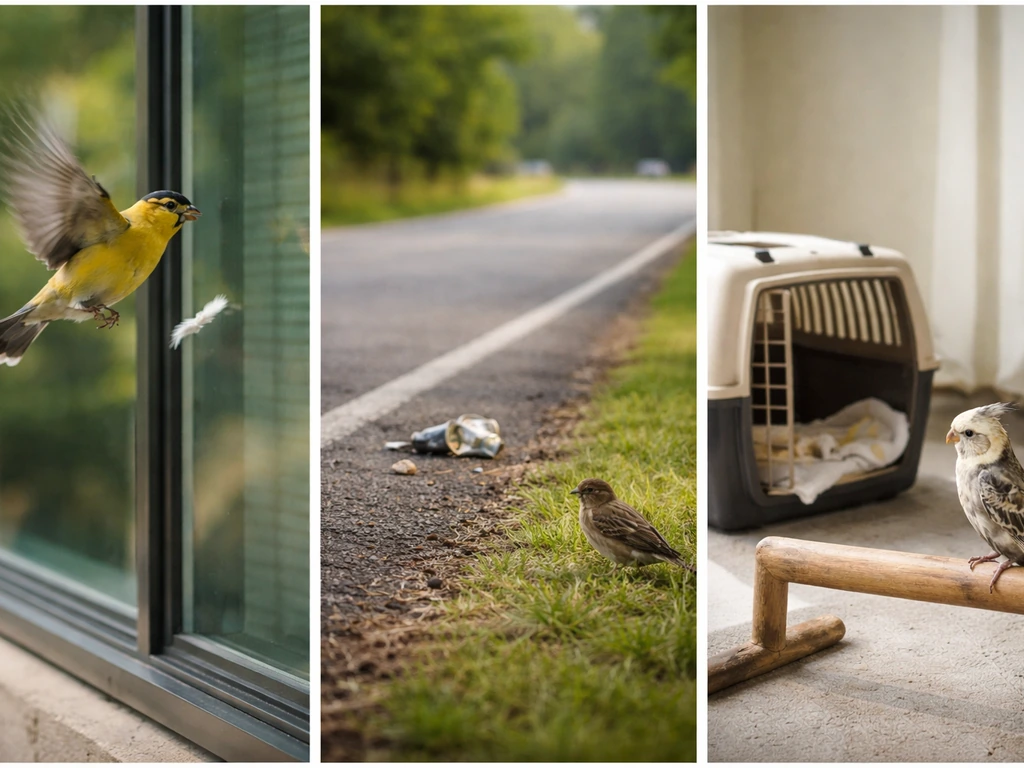 Three minimal scenes side-by-side: bird near window, roadside hazard, and simple enclosure—suggesting causes of beak inj