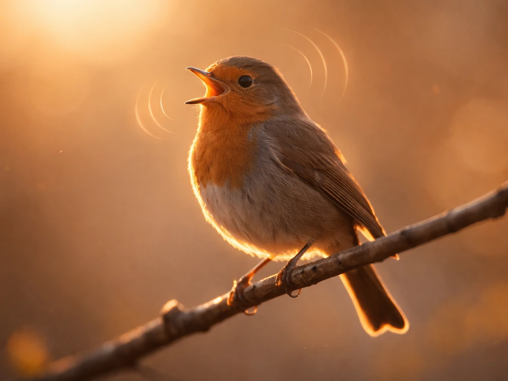 Small songbird perched at sunrise, whistling, with subtle sound-wave arcs in the warm light