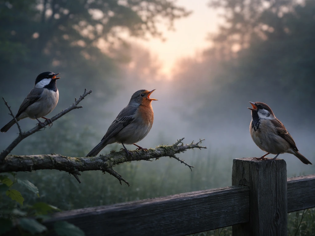 Three small songbirds sing from separate perches in early dawn light with a soft misty background.