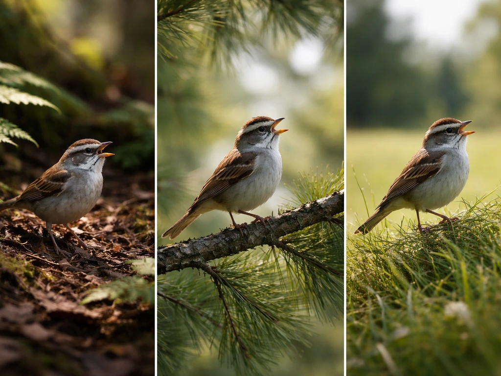 Three-panel photo comparison of a small whistling bird in forest understory, near a pine treetop, and in an open field.