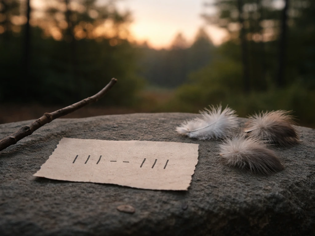 Feathers on a stone near a branch with simple rhythm-like whistle marks on blank paper.