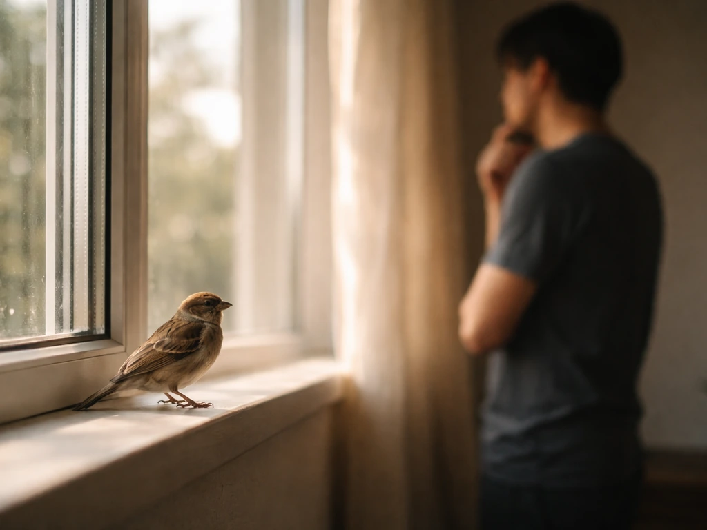 A bird perched on a quiet windowsill while a person stands back thoughtfully indoors.