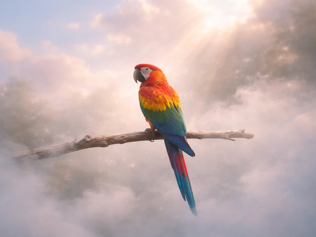 Dreamlike parrot perched on a floating branch against a soft pastel sky with mist and glow