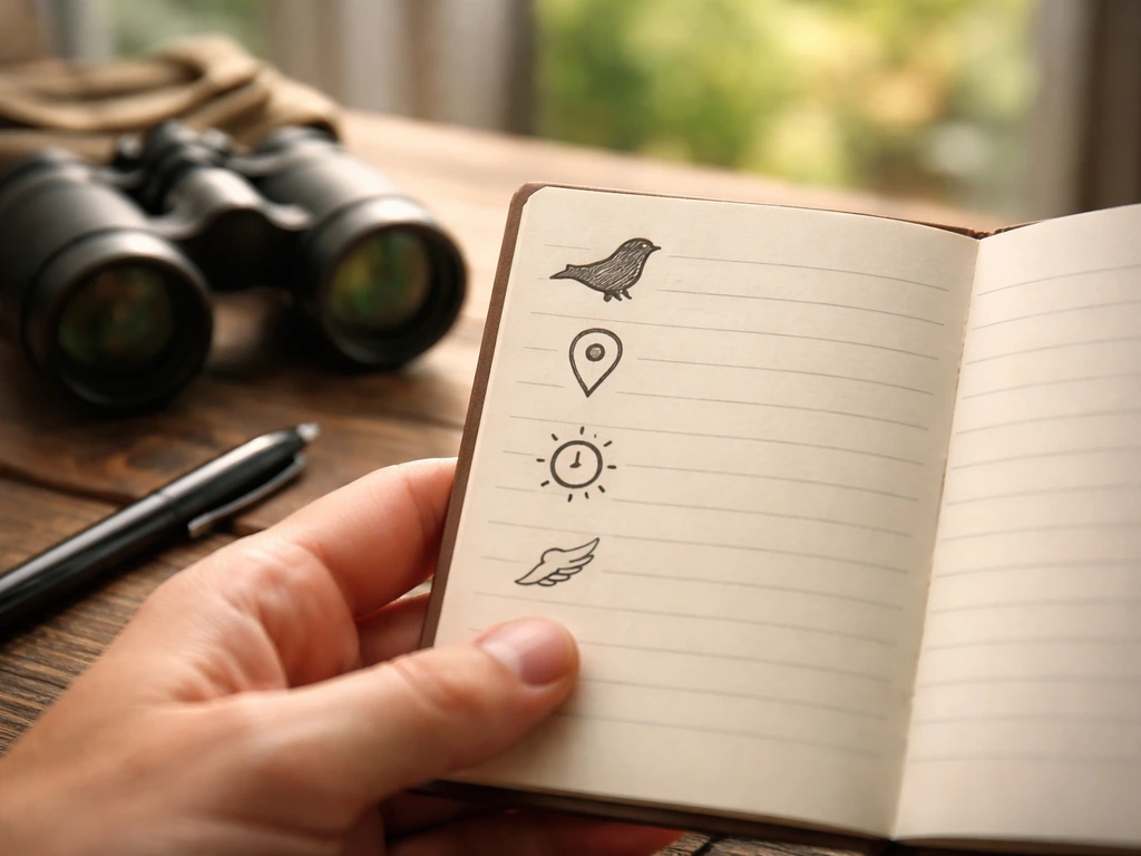 Hand writing in a small journal with four simple bird-checklist icons beside binoculars.
