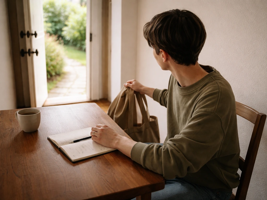 Person reviewing handwritten notes by a window, then stepping outside toward a calm decision moment