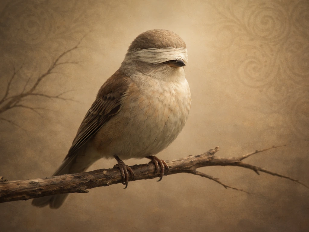 A blind bird perched on a branch with an ancient-omen style patterned background behind it.