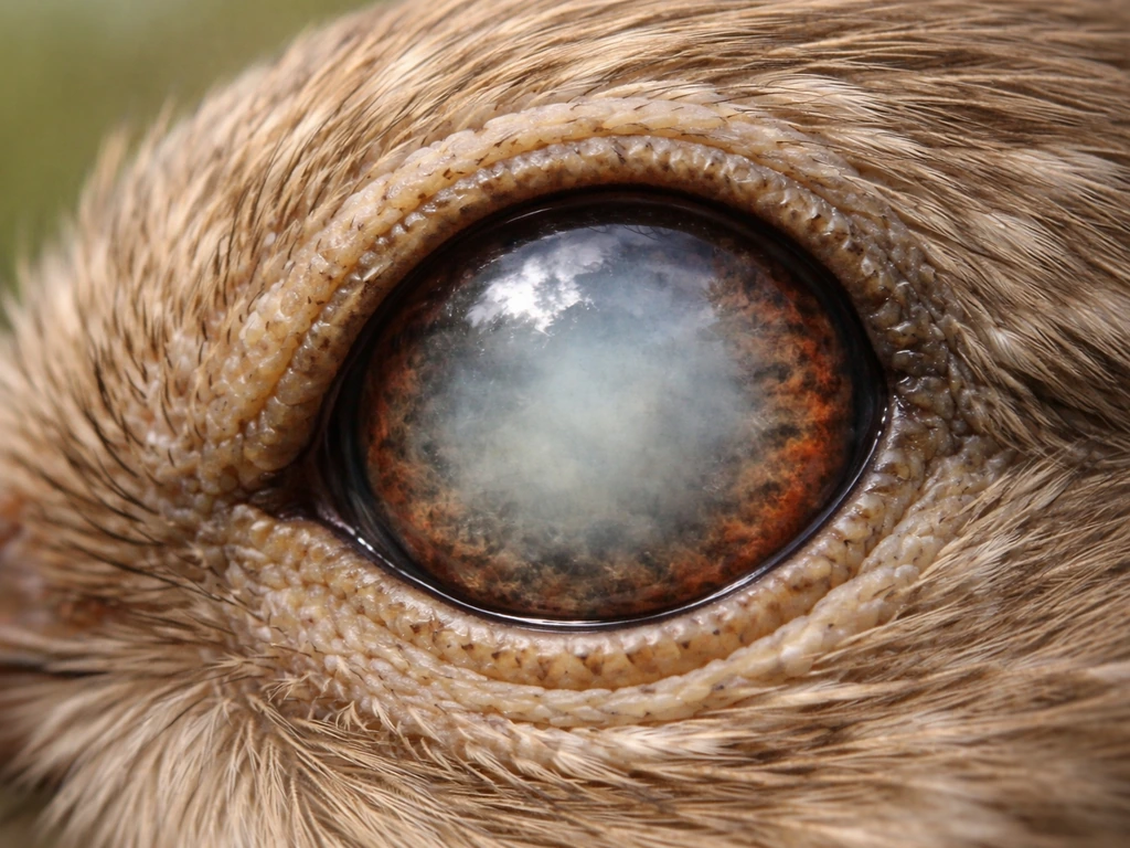 Close-up of a bird eye with cloudy lens texture, suggesting cataracts in realistic wildlife photo style.