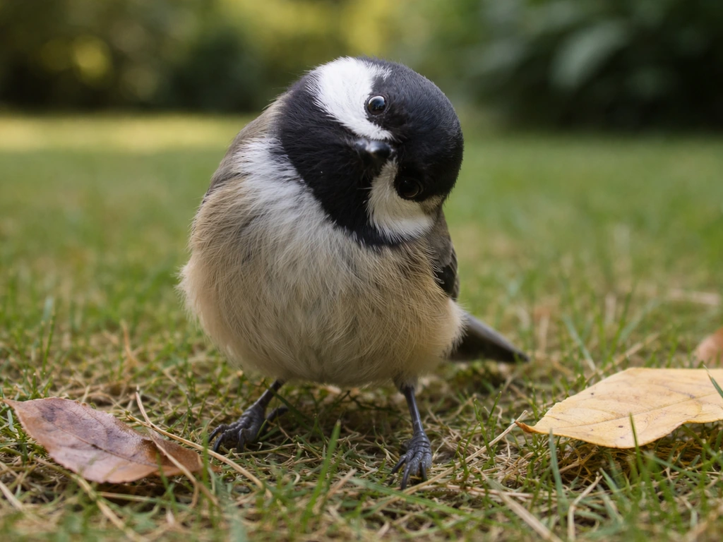 Small bird on grass with a visible head tilt and a slightly disoriented stance in a quiet outdoor setting.