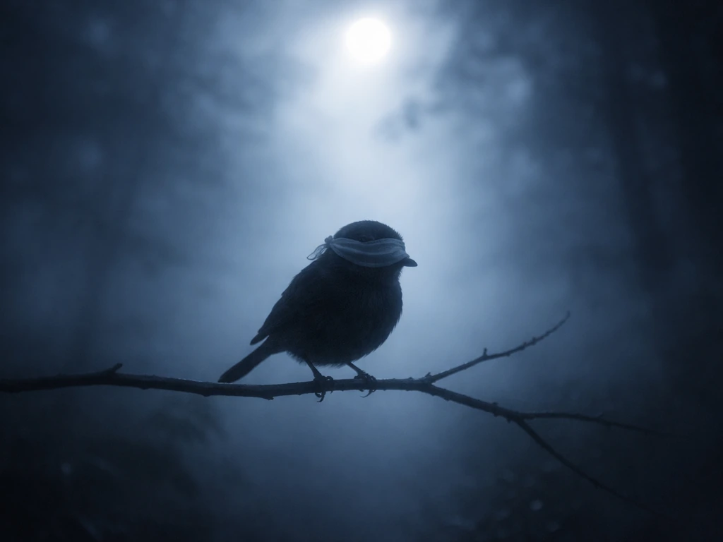 A silhouetted bird with a blindfold perched in misty moonlight, softly lit like a dream.